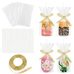 50 Pack Bag with Sticks Kit: Clear Plastic Container for Small Cakesicles, Marshmallow Square, Cake Pop, Crispy Treat Packaging Holder with Gold Ribbon for Wedding Party Christmas