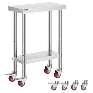 VEVOR Stainless Steel Work Table 12x24x34 In, 700 LBS Load Capacity, 4 Wheels, 3 Adjustable Height Levels, Heavy-Duty Food Prep Table for Commercial Kitchen, Garage Organiser Racks Shelf, Silver Father's Day Gift