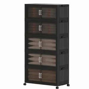 Wheeled Collapsible 5-Tier Stackable Storage Bins with Lids, Plastic Closet Storage Organizer for Dorm, Office & Living Room