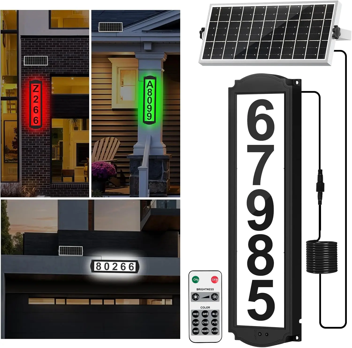 Solar House Numbers with Separate Panel,  Address Sign for Outside Horizontal & Vertical Mounted,  LED Number Plaque Street Yard Mailbox Visitor Mailman 911 Ubereats (RGB&White 6000K)