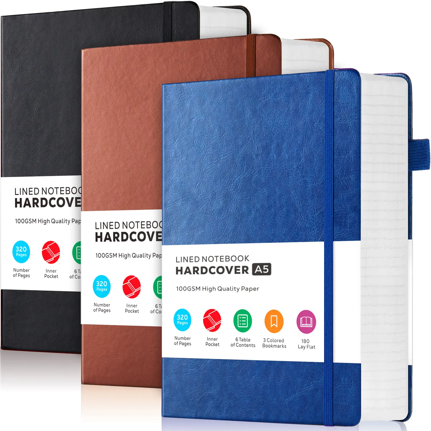 3 Pack A5 320 Pages Hardcover Leather Lined Journal Notebook, Classic Ruled 100GSM Premium Thick Paper, 5.7 X 8.4in with Inner Pocket for Work Note Taking