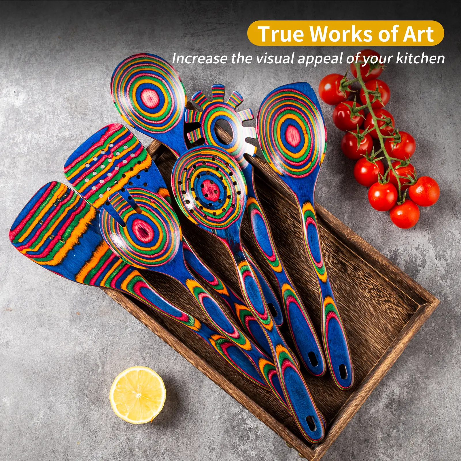 Pakkawood Wooden Spoons for Cooking 7 Pcs Colorful Kitchen Utensil Set Includes Spatula Corner Spoon Rice Paddle Friendly to Non-Stick Cookware