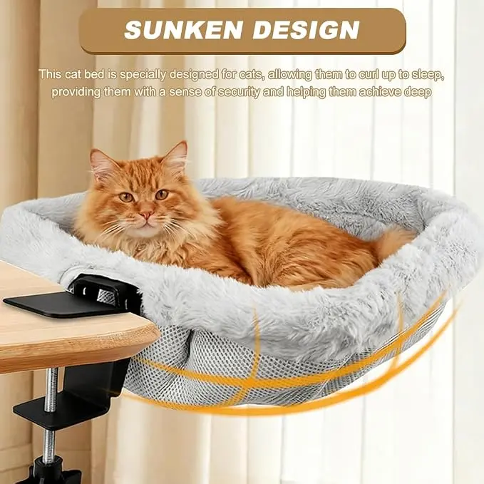 Cat Hammock Bed for Desk, Hanging Plush Cat Bed, Reversible & Machine Washable, Stops Cat Walking on Keyboard, Cozy Sunken Design for Gaming Office Home Desktop, Easy Install, Foldable Space-Saving, Holds Up to 44 lbs