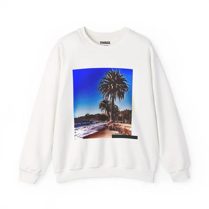 THREE OLIVE Carpinteria Palm Tree Beach Illustrated Sweatshirt | Coastal Sunset Graphic Crewneck