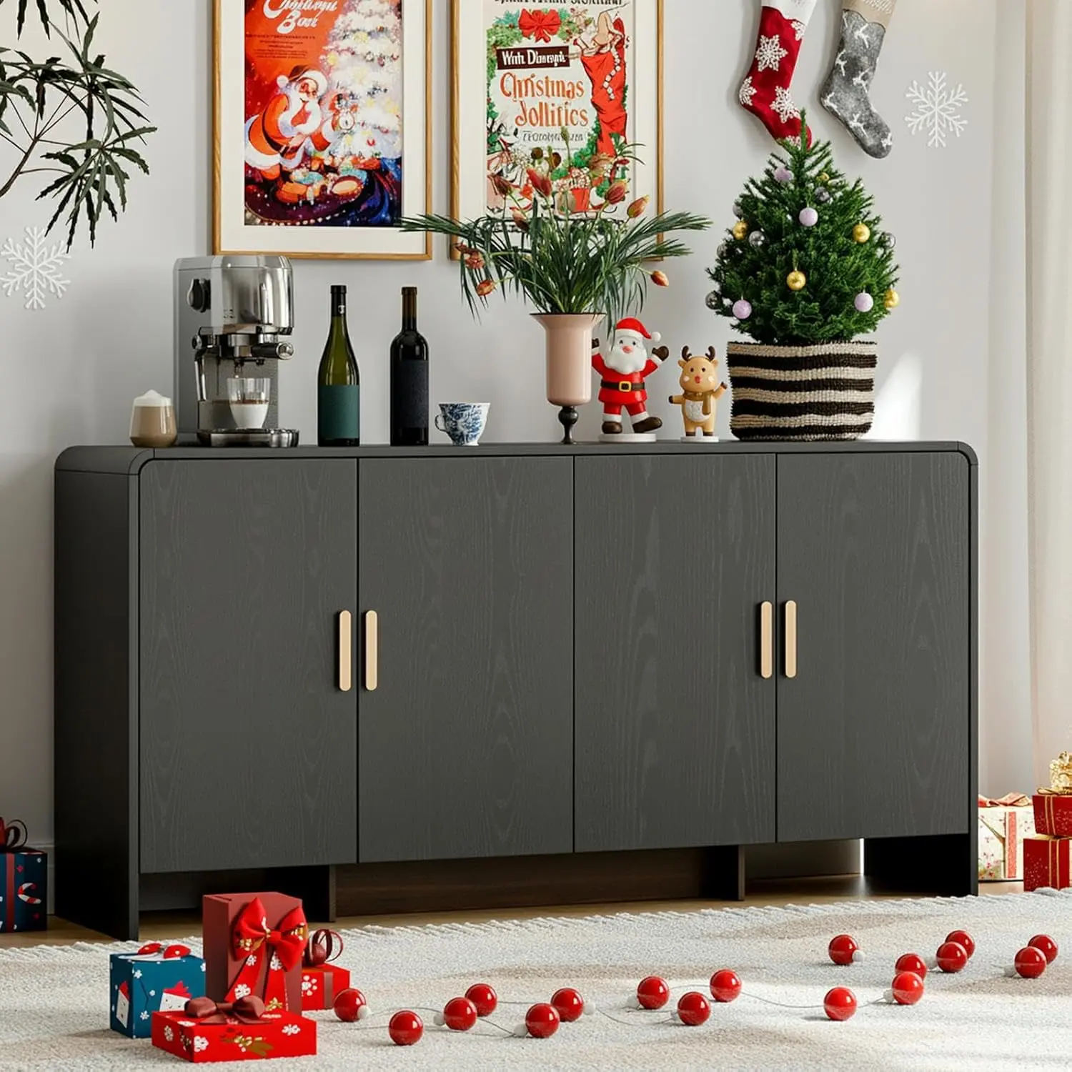 【SummerFinds】ONBRILL 48-Inch Sturdy Farmhouse Artificial Wood Buffet Sideboard - 4-Compartment Design Modern Storage Cabinet with 2 Drawers, 3 Doors, Adjustable Shelf, Curved Edges for Kitchen, Living Room, Storage Organization, Coffee Bar Decor