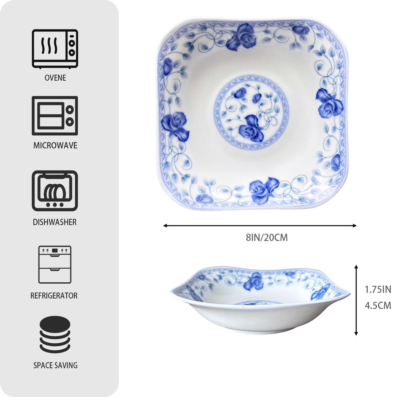 Viral Chinese Style Blue Rose Square Plates Set of 4! 8 Inch Underglaze Ceramic Serving Plates, Microwave & Dishwasher Safe, Thickened Anti-Scald Stackable Plates for Pasta, Salad, Home Kitchen Upgrade Must-Have!
