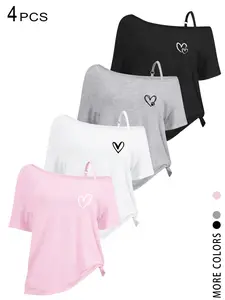 4 PCS Off Shoulder Short Sleeve Tops for Women 2026 Trendy Cute Heart Graphic Tees，Loose Drop Shoulder T-Shirts，Summer Going Out Tops for Teen Girls Trendy Y2K Streetwear Aesthetic Clothes for Vacation Beach Party Date Night Lounge Wear