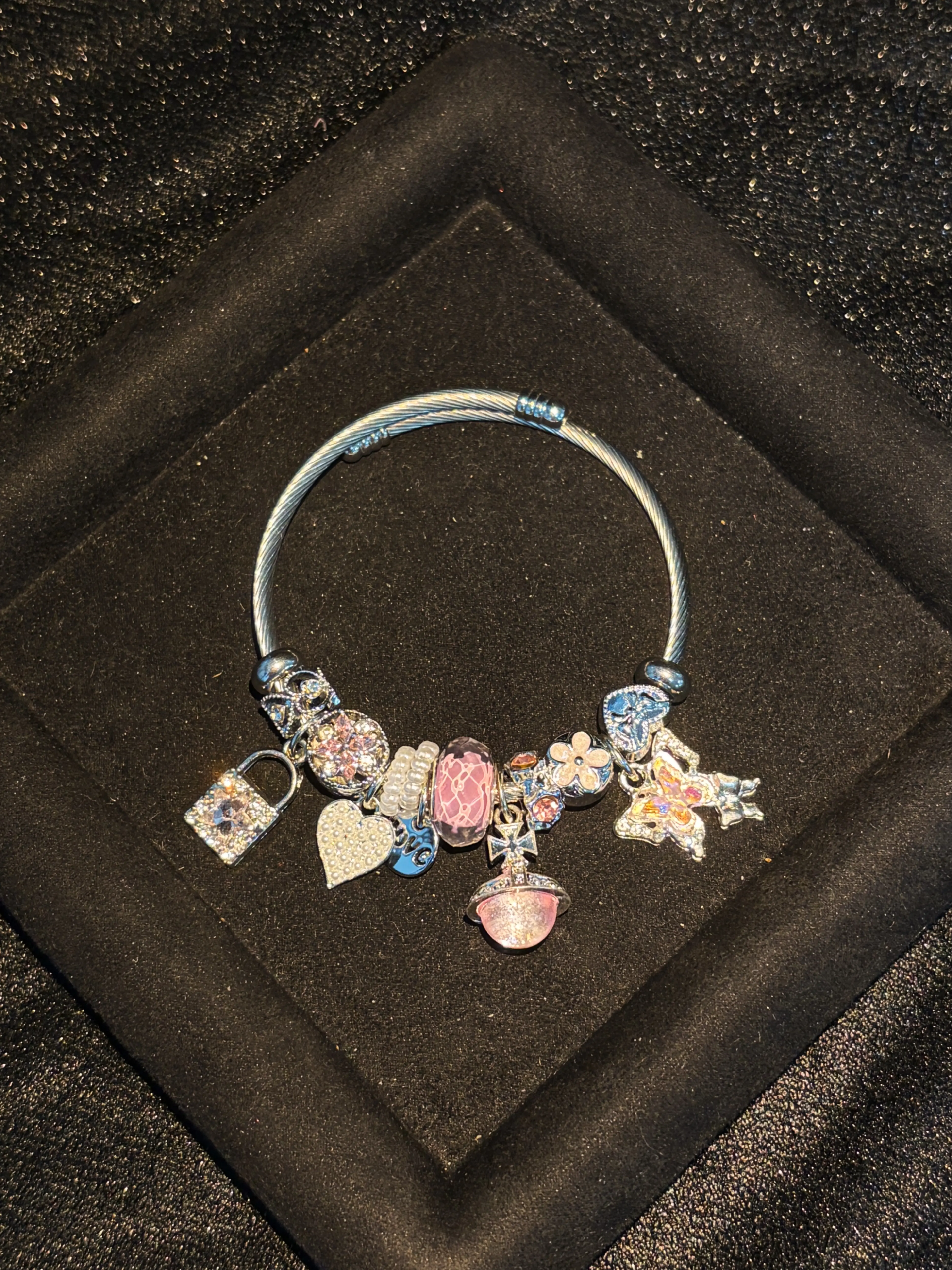 Women's Silver-Tone Open Cuff Beaded Stackable Pendant Bracelet - Pink Planet, Butterfly, Heart Lock Charm Set Bracelets & Bangles with Rhinestones, Daily Wear Gift Jewelry for Women,sohochic