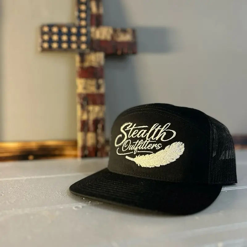 Stealth Outfitters Black Hat with White and Cream Lettering and Feather Design
