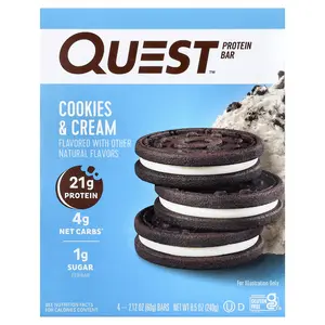Quest Nutrition Protein Bar, Cookies & Cream, 4 Bars, 2.12 oz (60 g) Each