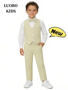 [Bebekids] Boys' Gentleman Suit, Linen Blend Children's Vest Set, Christmas Set, Three-piece Set with Vest, Bow Tie and Pants, Formal Clothing for School Performances, Weddings, and Holidays, Outfit - 93008