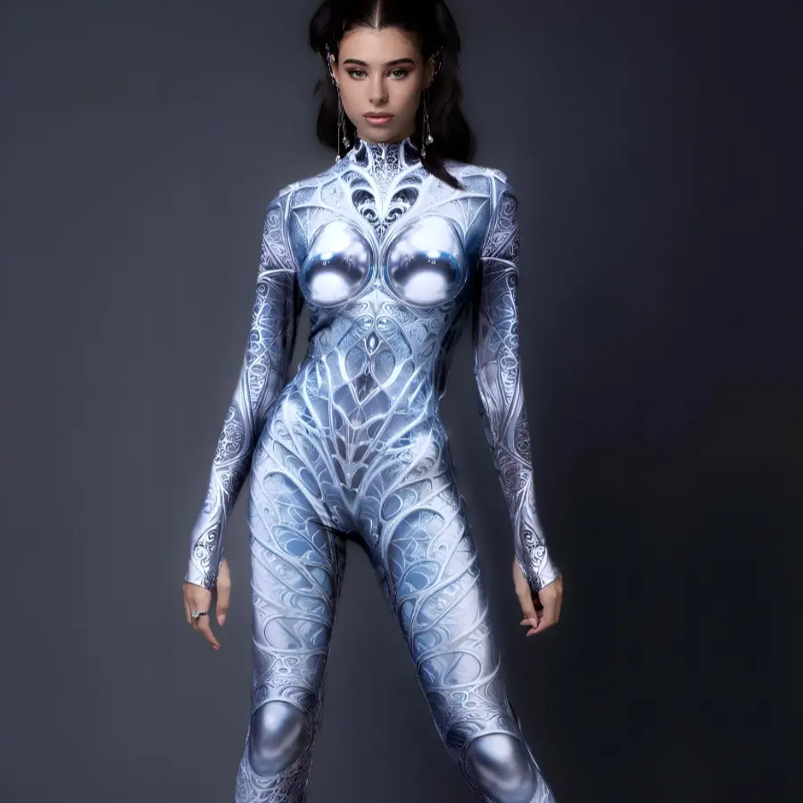 Cyborg Costume For Woman, Halloween Costume For Women, Sexy Alien Costume Woman, Cosplay Halloween Costumes, Unique Halloween Outfit Woman Clothes Womenswear Print Skinny Slim womens  jumpsuit