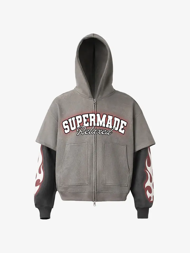 Thesupermade Suede Flame Print Faux Two-Piece Short Jacket | Zip Up Branding Streetwear Jacket Men Fall Winter