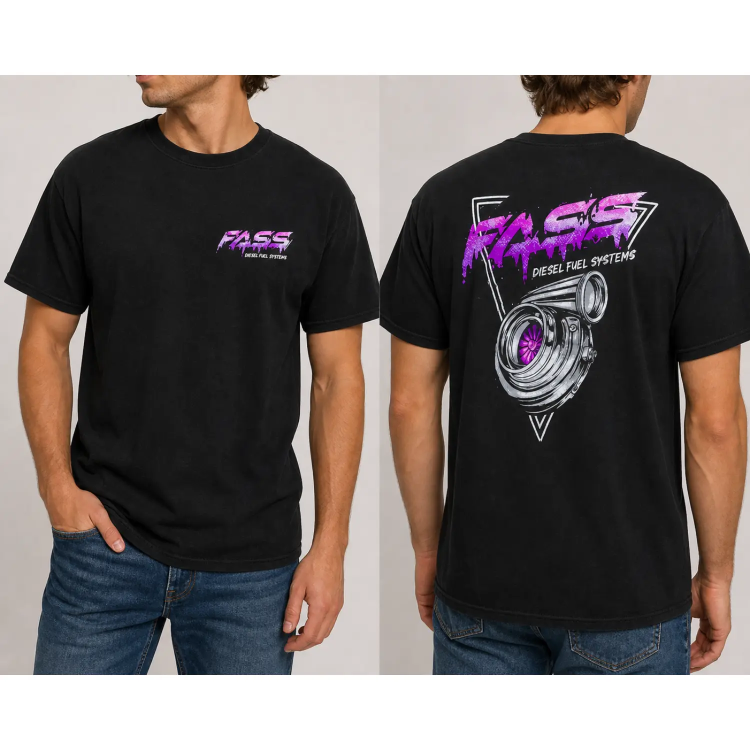 FASS Diesel Fuel Systems T-Shirt with Neon Purple Turbocharger and Graffiti Logo - Retro Double-Sided Graphic Tee, All-Season Classic Style, Fun Graphic Casual Streetwear Cotton Fabric