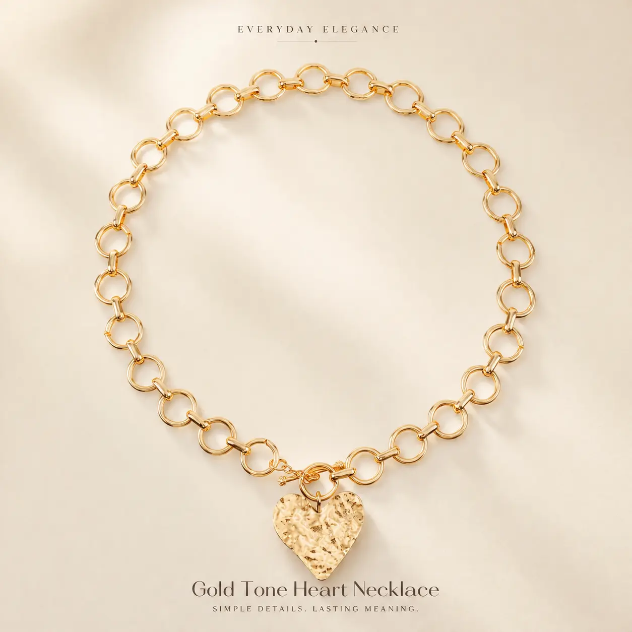 Gold Paperclip O-Link Chain HammeredHeart Pendant OT Clasp Necklace for Women ForValentine's Day Gift