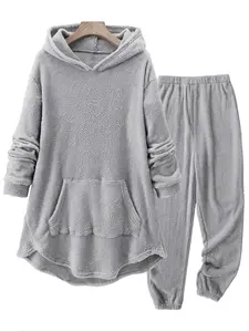 【Plus Size】 Two-Piece Set Solid Drop Shoulder Fuzzy Long Sleeves Hoodie & Elastic Waist Pants, Casual Fashion Cozy Breathable Outfits for Daily Outdoor Wear, Women Clothing for Winter