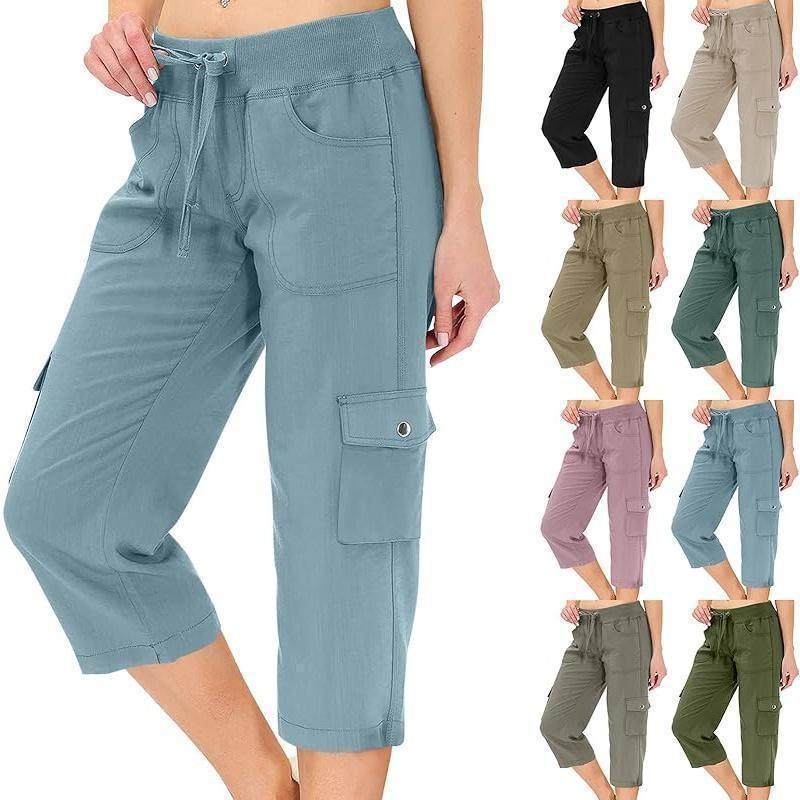 Solid Color Drawstring Fitness Running Cargo Pants With Pockets, Patchwork Design, Cropped Pants
