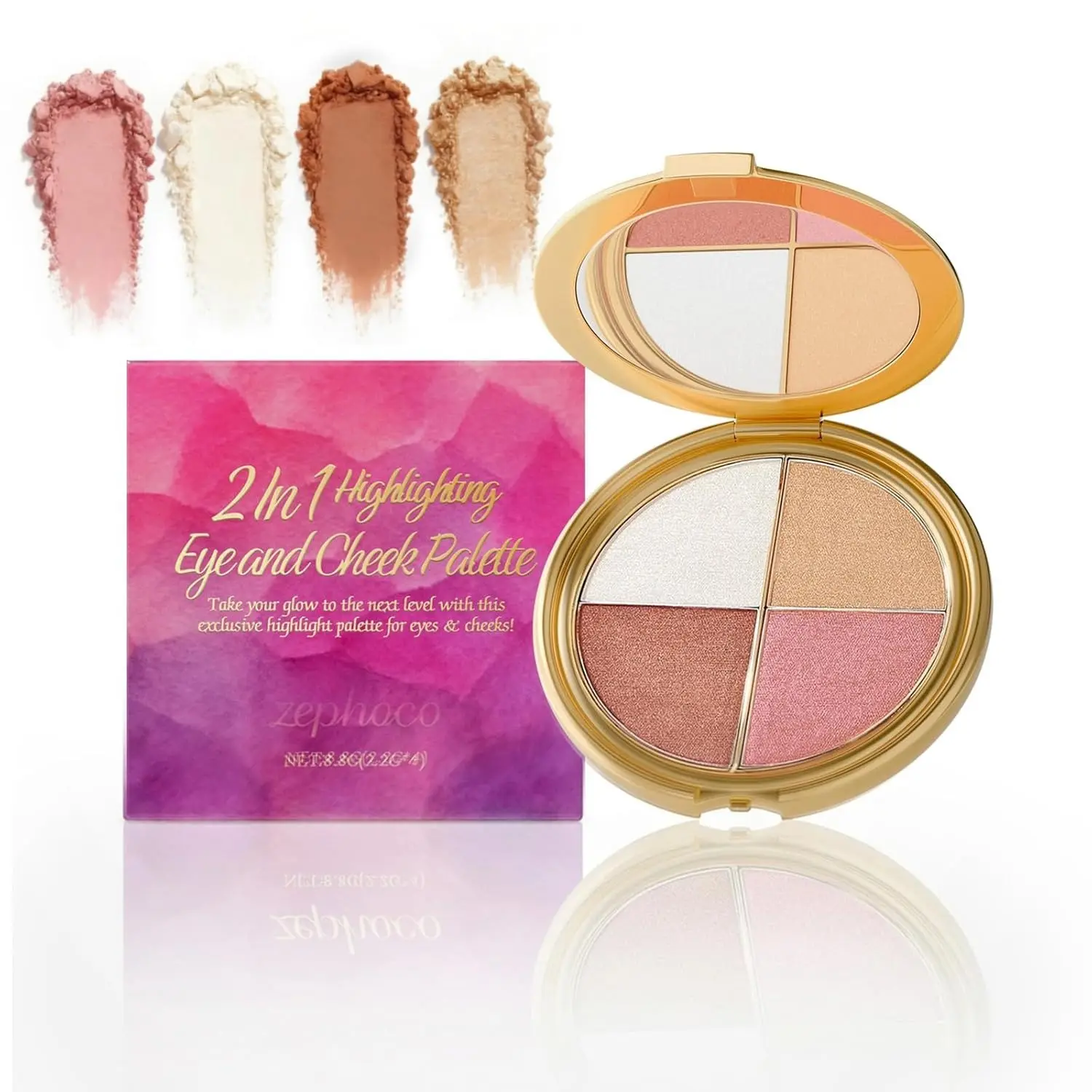 Eye & Cheek Glow Palette, 4-In-1 Eyeshadow, Highlighter, Blush & Contour, Long-Lasting Silky Finish, Multi-Use Radiant Makeup for All Skin Tones, Shimmer, Smooth
