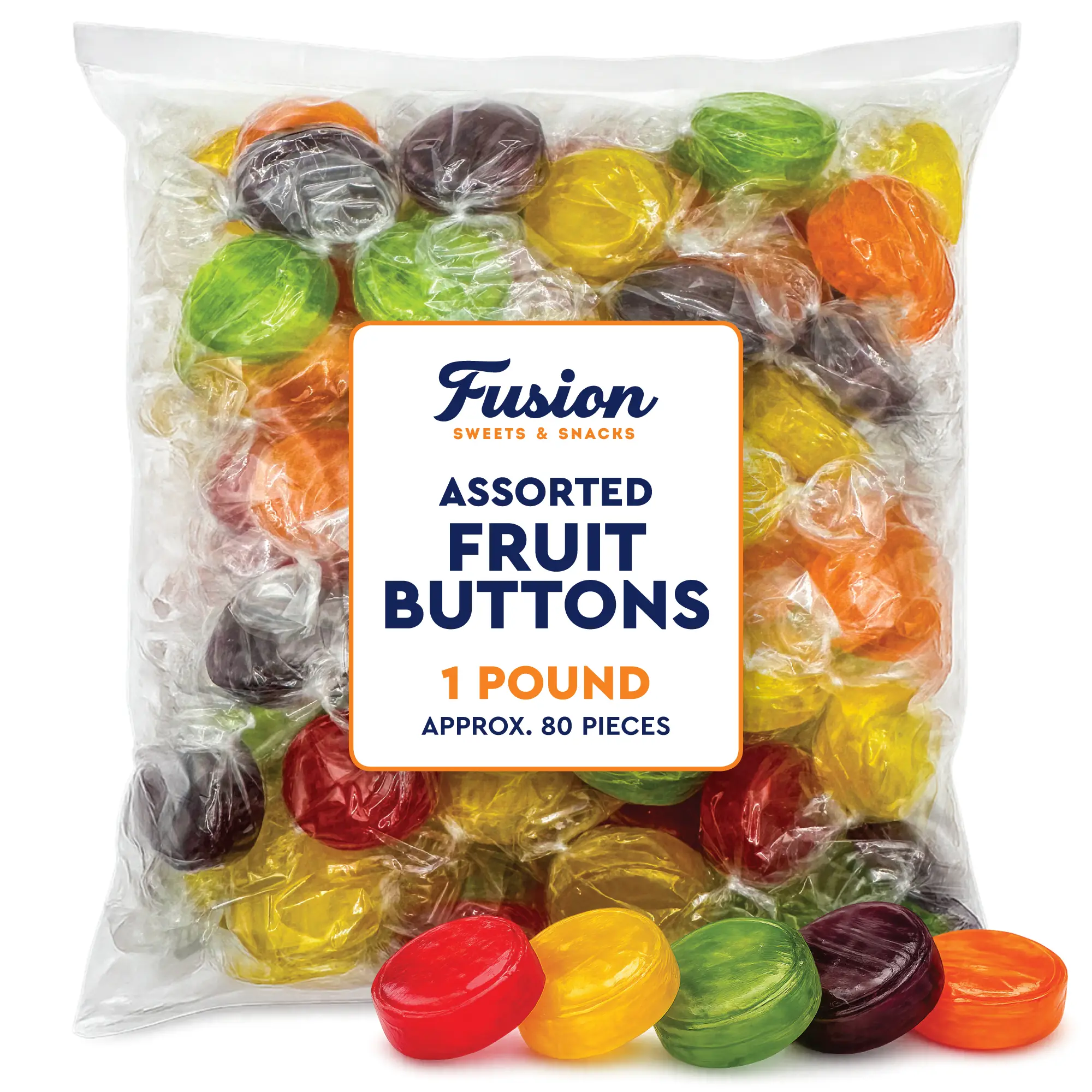 Assorted Fruit Buttons Hard Candy, 1 Pound Bulk Bag, Individually Wrapped | Approx 80 Pieces, Individually Wrapped, Fruit Discs | Cherry, Orange, Lemon, Lime, & Grape