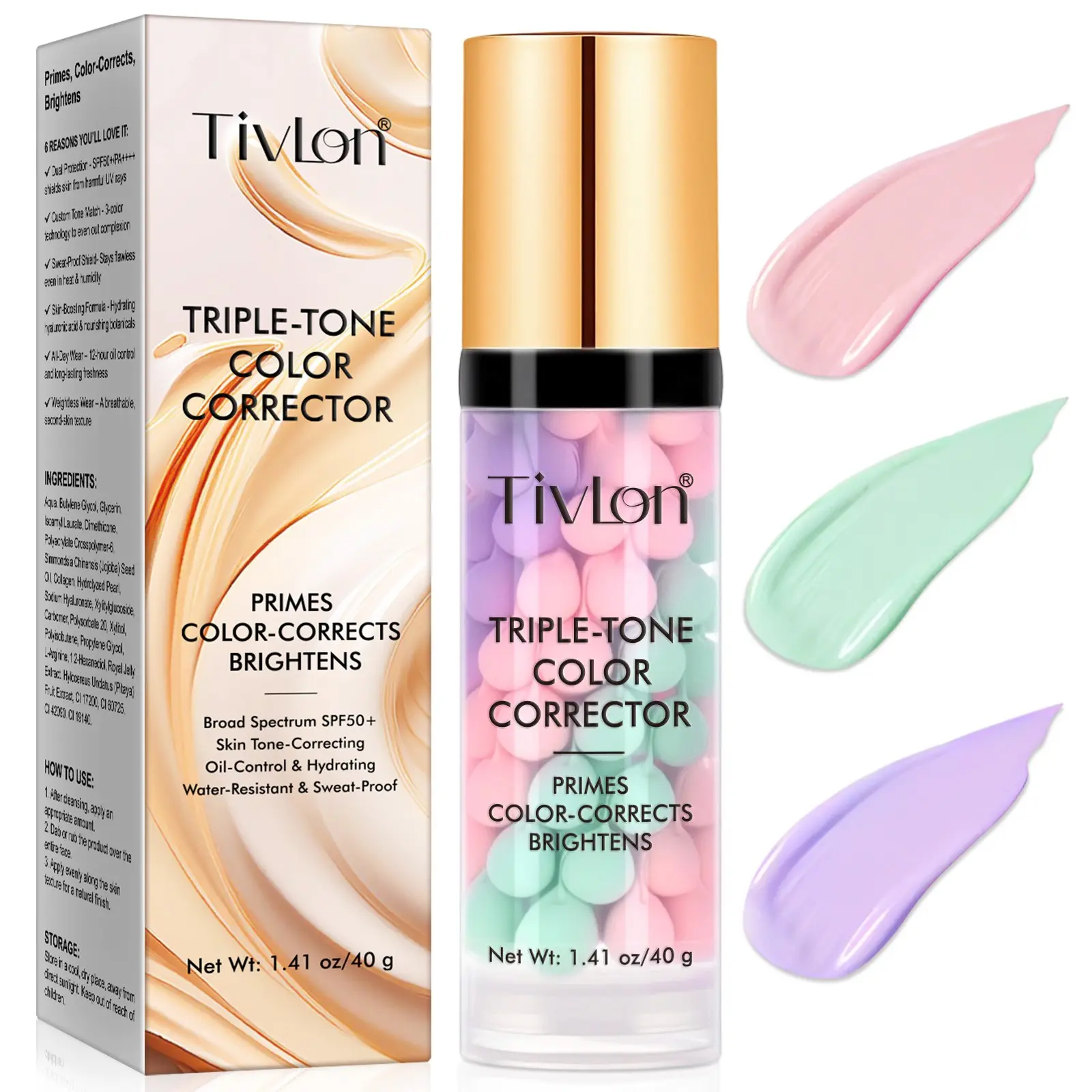 Tivlon 3-in-1 Tinted Primer Make Up Base 40g: Features color-adjusting technology to suit various skin tones. This all-in-one primer combines moisturizer, sunscreen, and concealer to brighten complexion, Color Correcting Brightener, Makeup Cream
