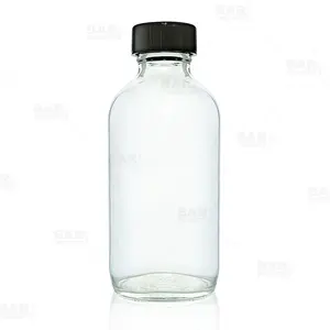 Boston Round Craft Bartending Bottle w/ Black Lid - Clear 4oz