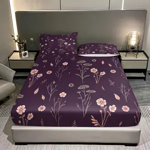 Three pieces with floral patterns on a dark background Print Fitted Sheet Set (1 Fitted Sheet + 2 Pillowcases), Casual Style, Home Dormitory High-Definition Printed Sheets, Decorative Bedsheet Sets