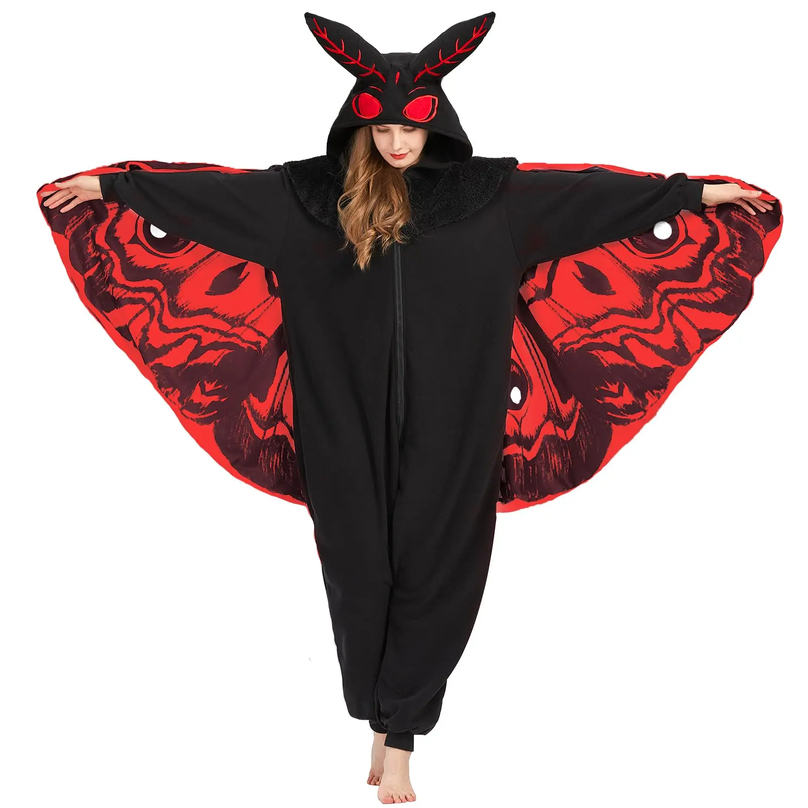 Women's Mothman Pajama Set - Unisex 2-Piece Polyester Longsleeves Loungewear, Spooky Cozy Clothes with Mothman Face for Halloween Cosplay Home Use, Onesie, Two-Piece Set