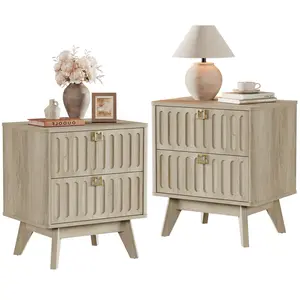 SICOTAS Wide Nightstand Set of 2 with Drawers - Fluted Night Stand with Gold Handle Modern Bedside Tables with 2 Drawers Storage, Large End Table Side Table with Storage for Bedroom