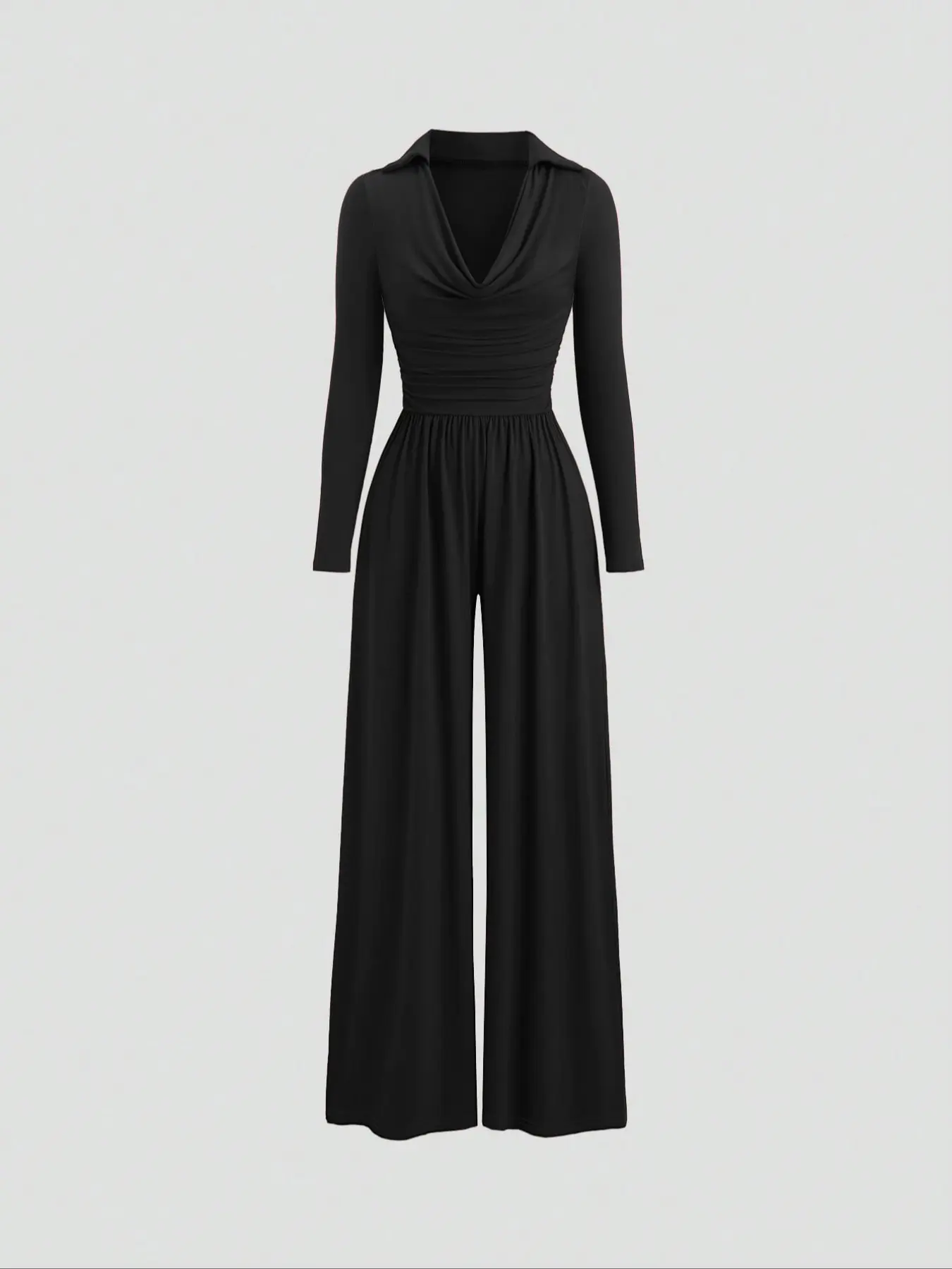 Women's Fall Winter Knitted Solid Color V-Neck Long Sleeve Fitted Waist Gathered Fashion Casual Basic Comfortable Simple Wide Leg Womenswear Jumpsuit Romper