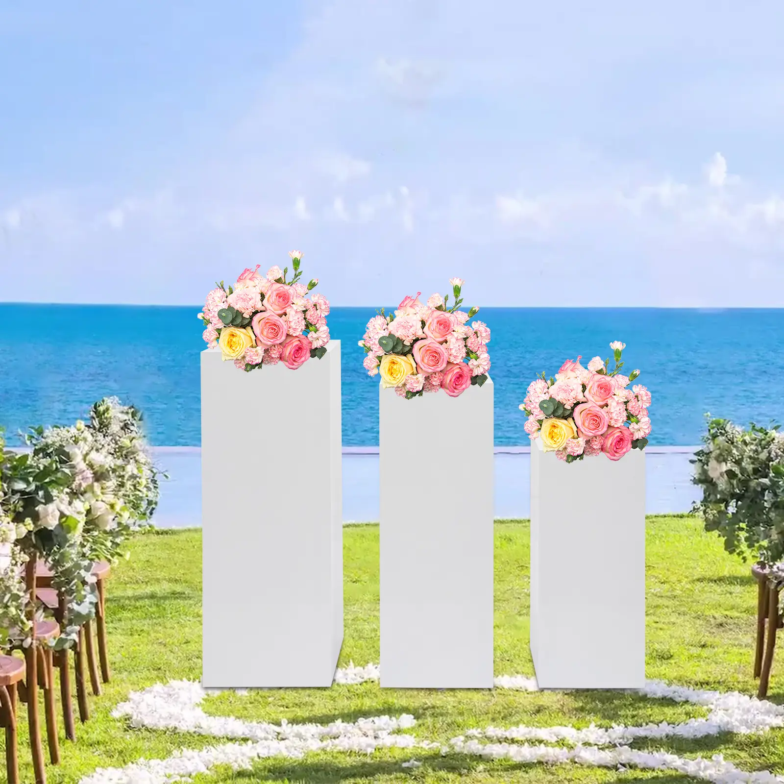 3 Pack Display Pedestal Stands 70/90/100cm Tall, White Iron Column for Wedding Party Cake Dessert Flower Gift, Freestanding