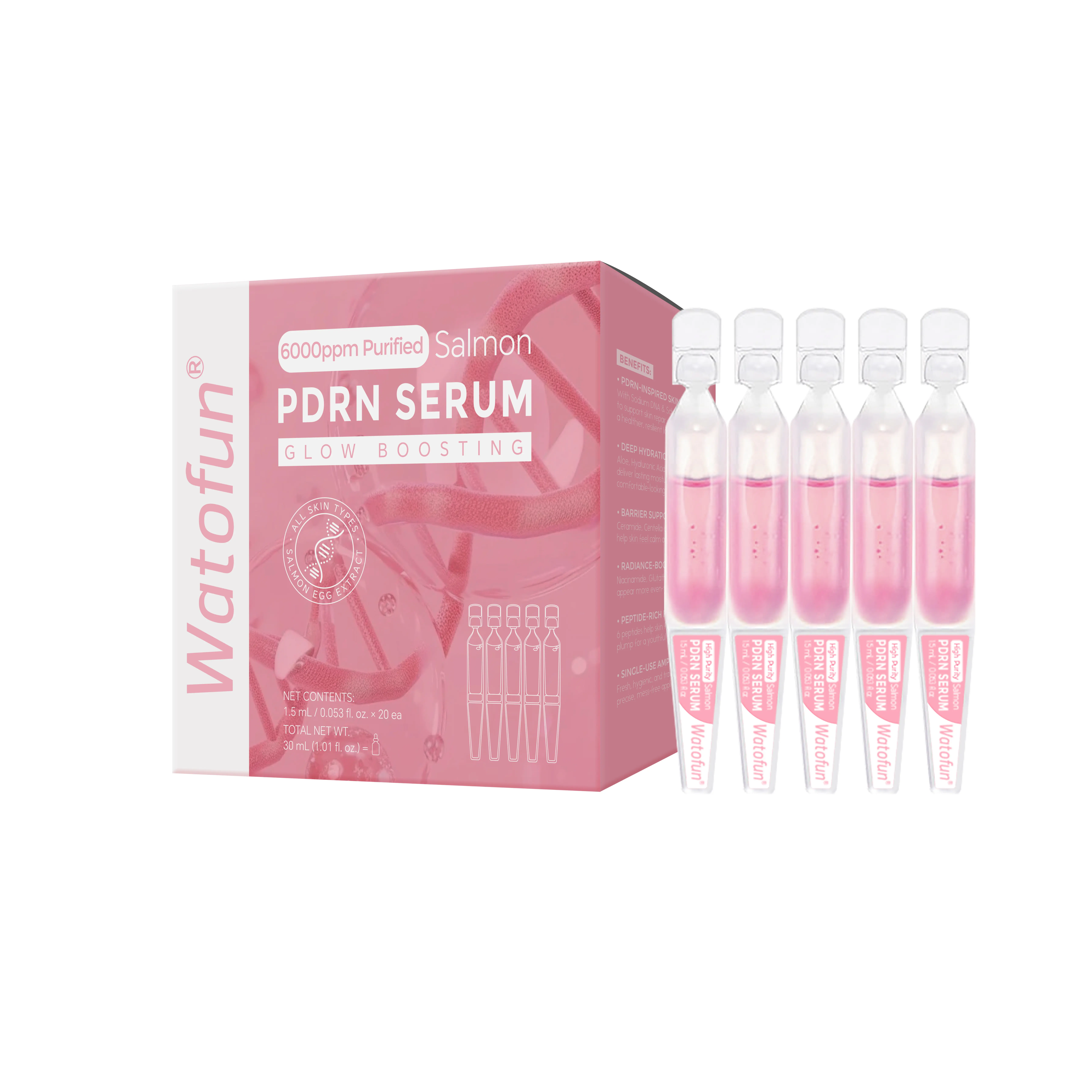WATOFUN Pink 1-Day Serum with 99% Salmon DNA PDRN - Korean Essence Vial that Revitalizes Skin, Addresses Uneven Tone & Provides Antibacterial Care, Per Single Dose
