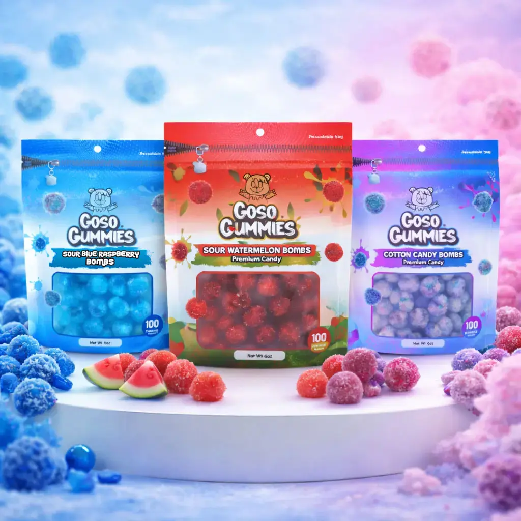 Goso Gummies Sour Blue Raspberry Bombs 6oz + Sour Watermelon Bombs 6oz + Sweet Cotton Candy Bombs 6oz - 18 Ounce Bundle - Sweet and Sour Gushers Candy