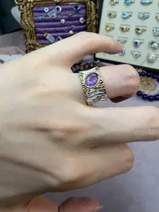 Titanium silver-Pleted natural gemstone Amethyst ring adjustable size,