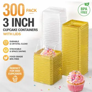 300 Pcs 3" Square Mini Cupcake Containers with Lids - 150 Boxes+150 Lids/Set Golden Plastic Bakeware Pods for Desserts, Muffins, Chocolates - Single Dome for Wedding, Birthday Party Supplies,summervibes
