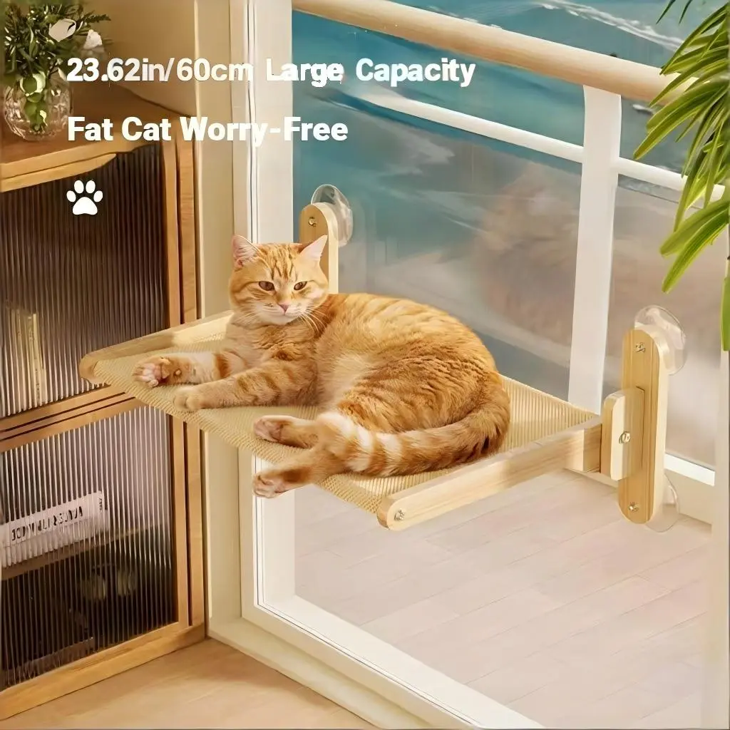 Foldable Solid Wood Cat Window Perch | Heavy Duty Suction Cup Hammock | Space Saving & Breathable Mesh | For Large Cats Home