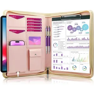 [Zippered] Portfolio Padfolio Organizer Binder with Clipboard, Leather Business Interview Resume Document Holder Folder Planner Organizer for Office Conference Notepad Bag for Women - RoseGold