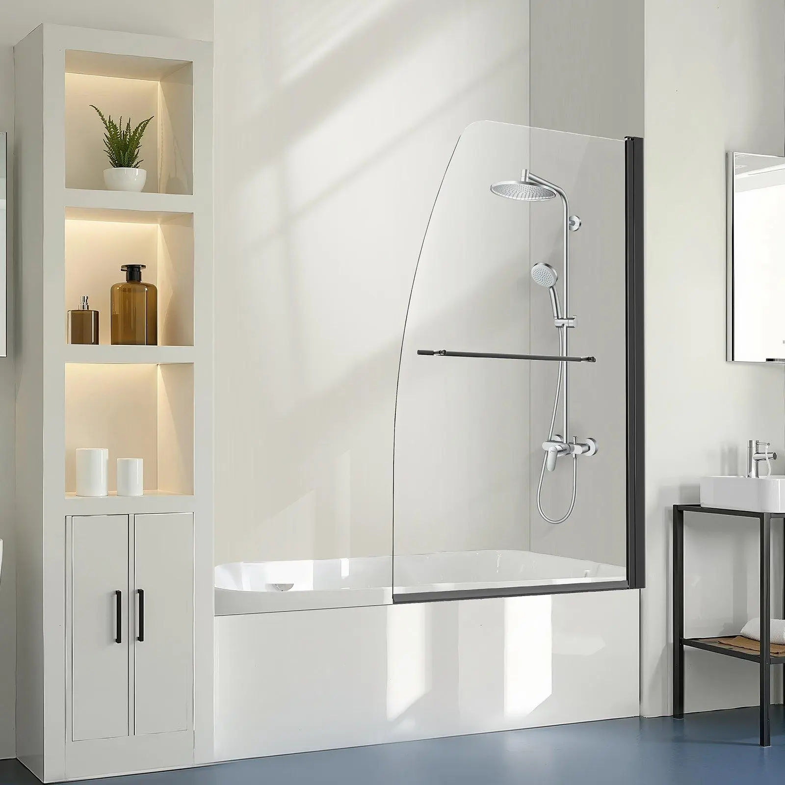 【Summerfinds】VEVOR Frameless Bathtub Shower Door, 34 in. W x 55 in. H, Half Shower Door for Bathtub, 180 °   Rotatable Tempered Glass Door, Half Shower Door with 1/4 in Tempered Glass Bathroom Shower Screen, Black
