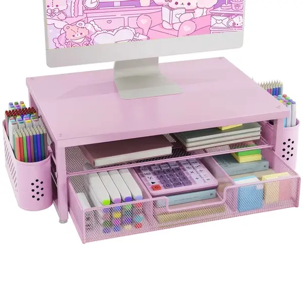 3-Tier Monitor Stand with Drawer & 2 Pen Holders, Desktop Organizer Riser for Laptop & Office, Pink, Dorm & Home Use