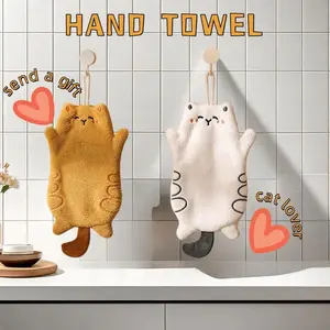 2Pcs Cute Cat Coral Fleece Hand Towels Hangable Strong Absorbent Non-Shedding for Kitchen Bathroom Perfect Gift for Cat Lovers