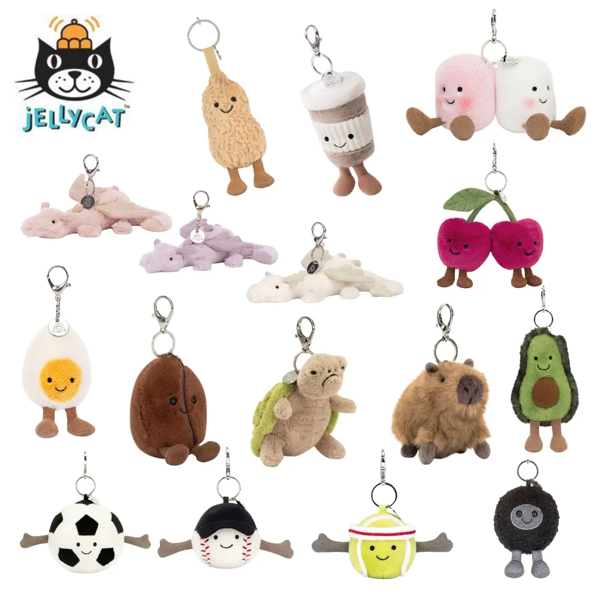 Jellycat Keychain - Cute Animal or Food Themed Soft Charm, Hanging Pendant for Backpacks, Car Keys, Collector Gift