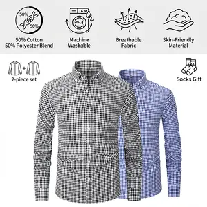 【2PCS】Men's plaid shirt; casual daily breathable long-sleeved stretch button-down collar men's coat. camisas  mangalarga  para  hombres Gingham Checked