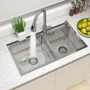 Silver Kitchen Sink Stainless Steel 30"/32" Double Bowl Drop In Top Mount with Pull-out Faucet Retractable Drain Basket