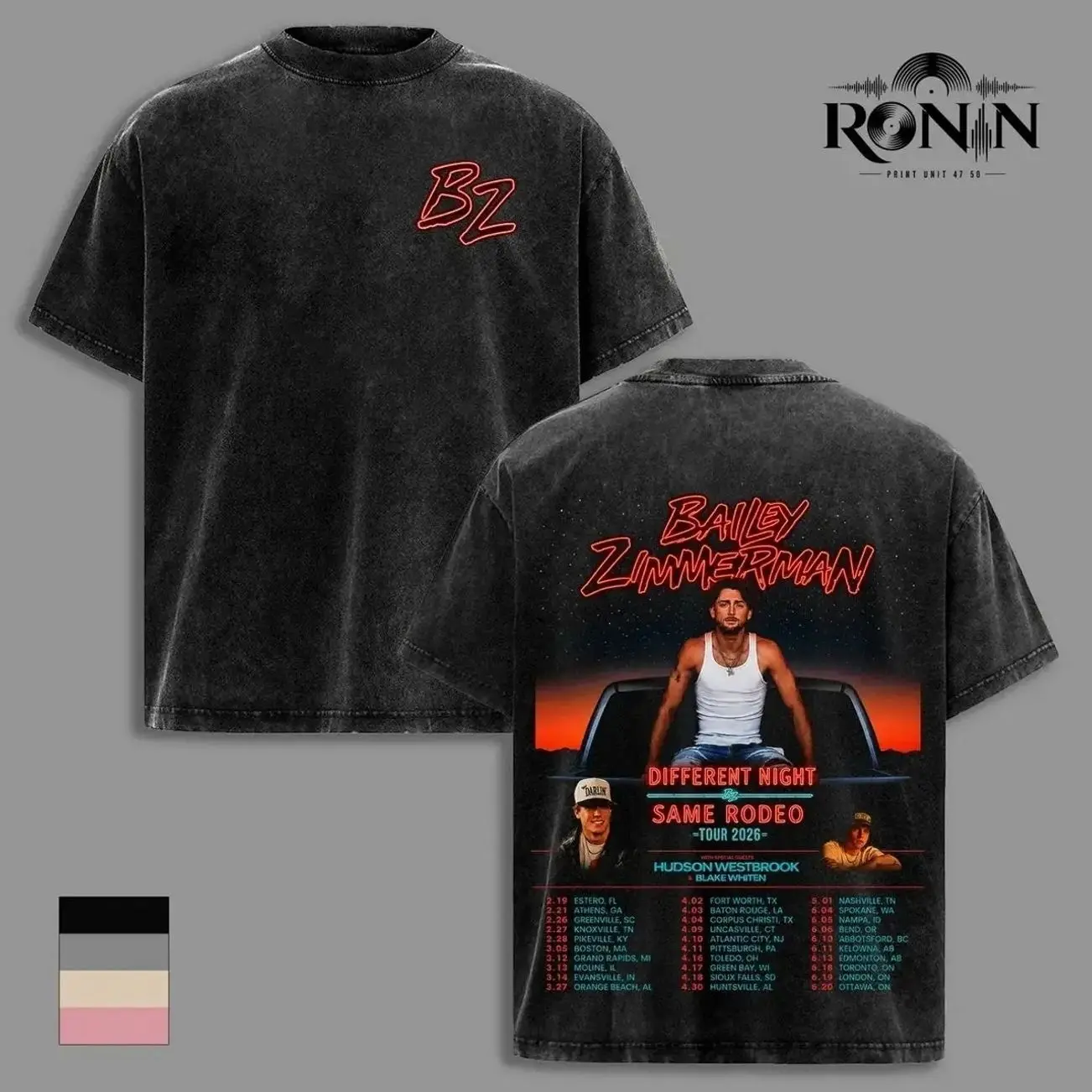 Bailey Zimmerman Different Night Same Rodeo Tour 2026 T Shirt Vintage Washed Country Music Graphic Tee Double Sided Heavyweight Cotton Oversized Unisex Apparel 1DM