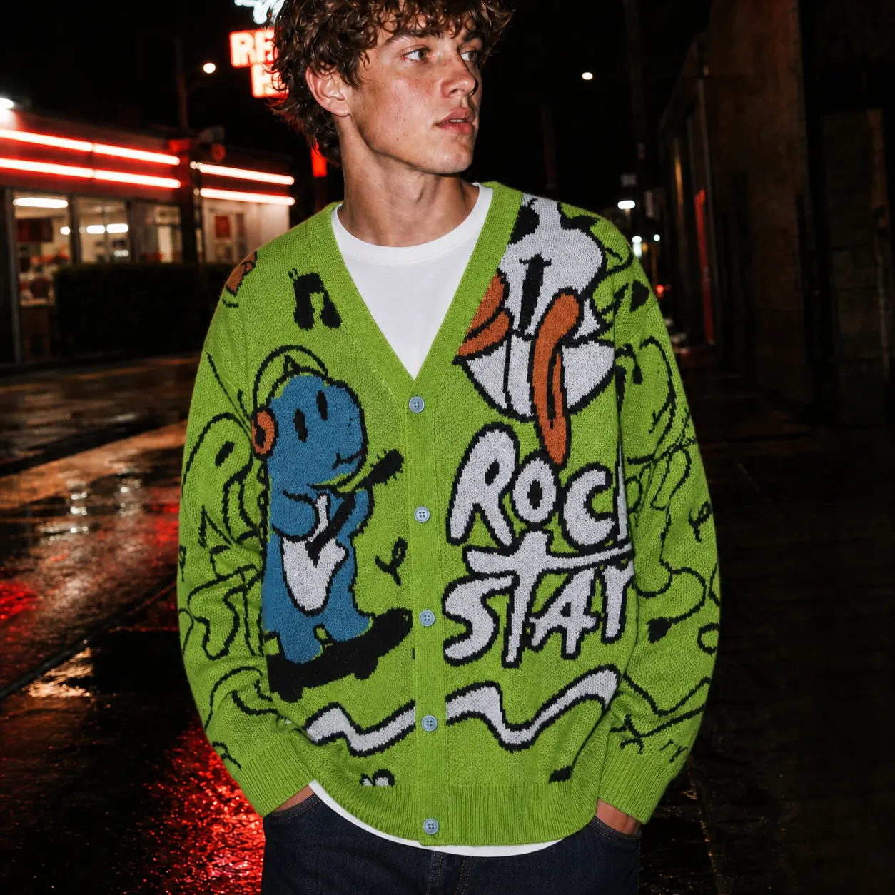 Mens Y2K Graphic Cardigan Sweater Harajuku Streetwear Cute Dinosaur Skateboard Print Knit Button Down V-Neck Green Casual Oversized Pop Punk Rock Star Graffiti Jumper Fall Outerwear Indie Clothes S-XL