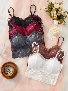 Women's Solid Color Lace Bralette, Casual ComfortableBreathable Bra, Women's Lingerie for Daily Wear Womenswear Black+Caramel+Green+Apricot+White juliette  bralette Vneck chest cushion