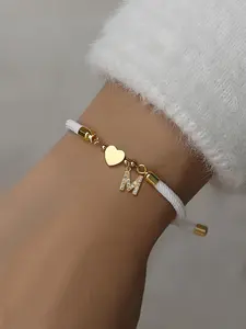 Initial Heart Charm Letter Link Bracelet, Fashion All-match Jewelry for Women, Retro Adjustable Rope Bracelet for Daily Use