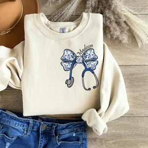 [Custom Name] Nurse Stethoscope Bow Sweatshirt or Shirt – Personalized Healthcare Gift