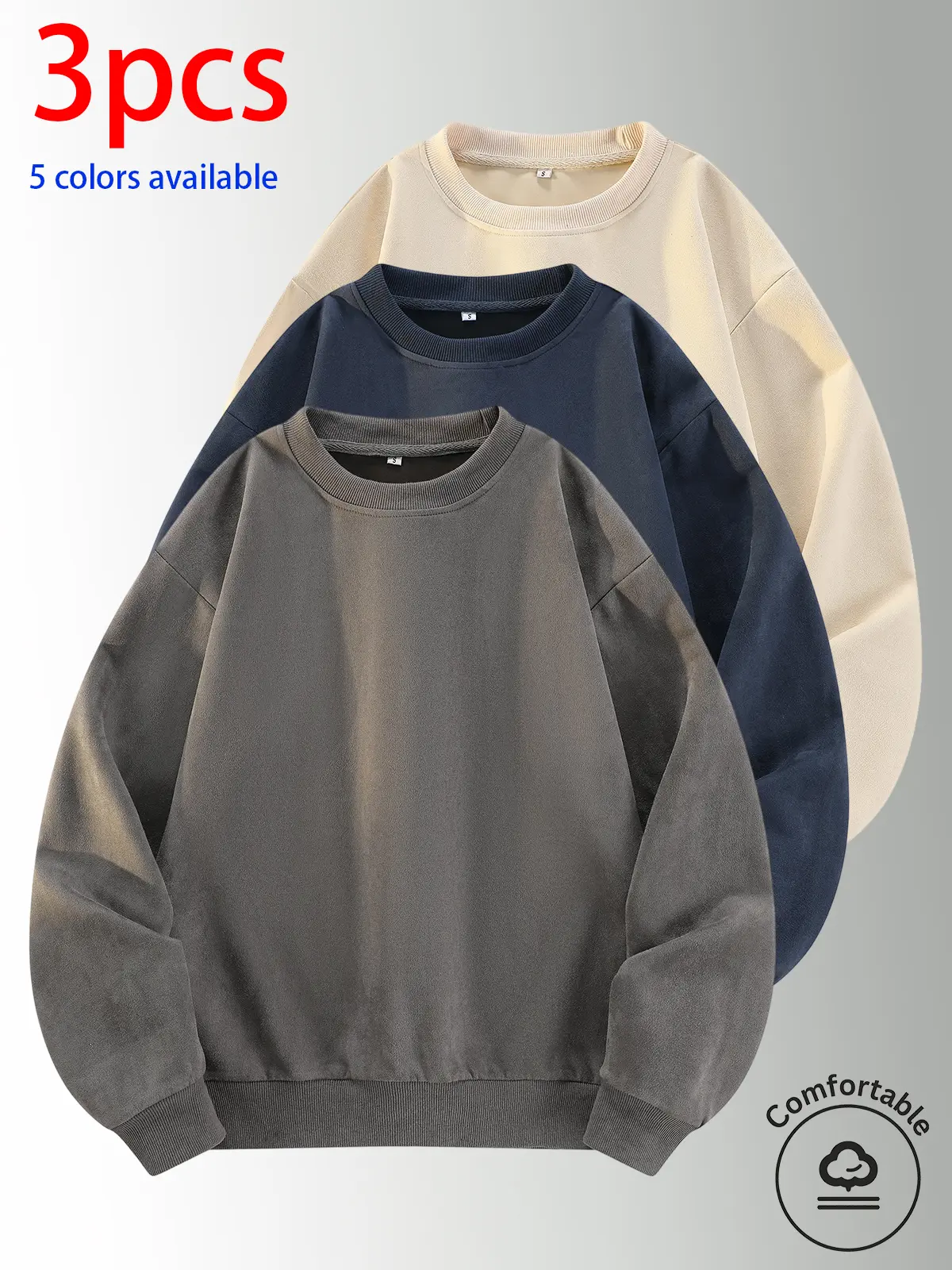 3-pack: men’s crewneck sweatshirt, men’s pullover sweatshirt.Loose, comfortable fit, no print design—simple and versatile for home, everyday casual wear, campus, and commuting to work.