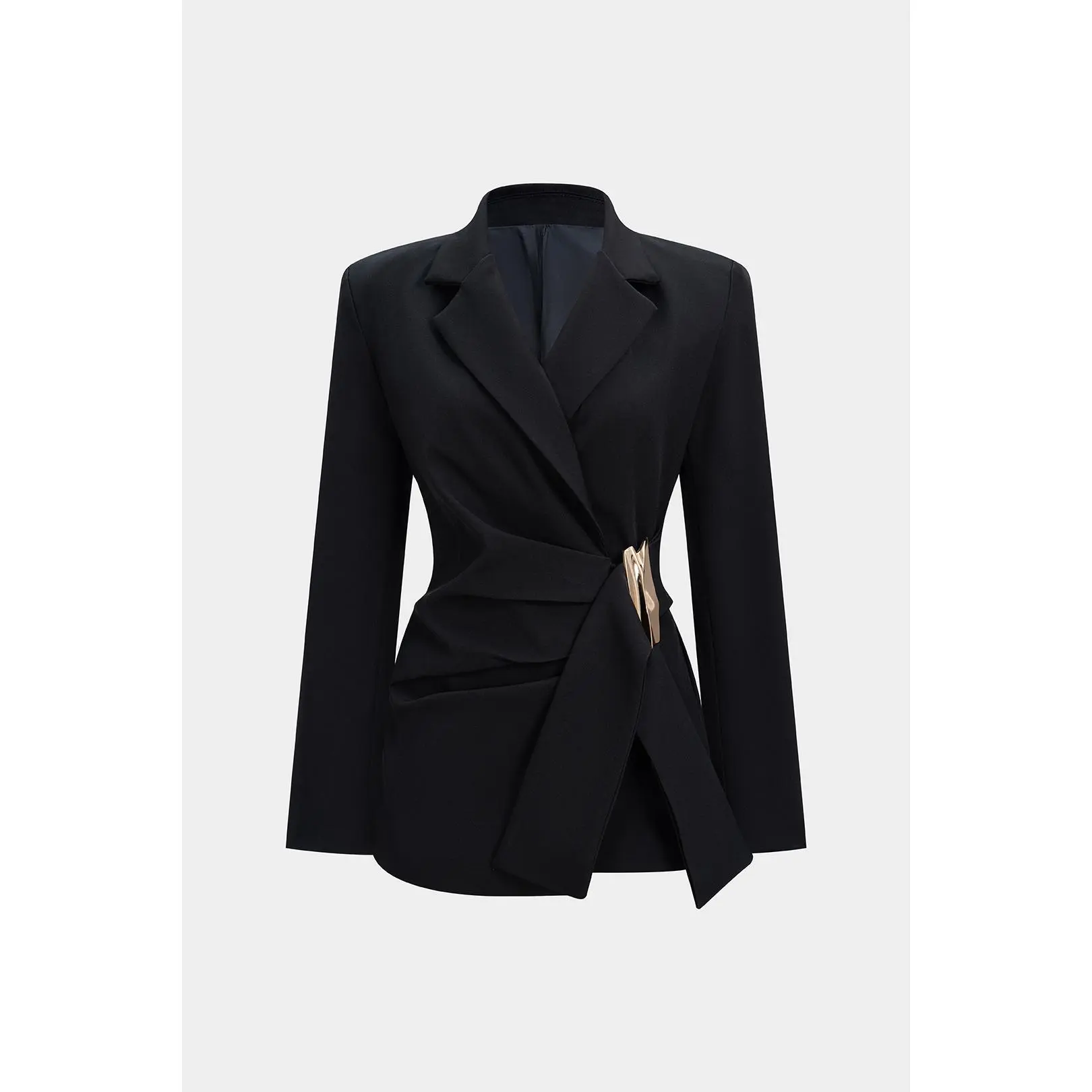Women's Fitted Twill Blazer with Long Sleeves, Asymmetric Cut, Ruched Detail, Metallic Accent and Notched Lapel for Office Work, Long Sleeve, Corporate Attire Women, Cloth
