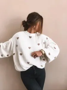 Women's All Over Heart Print Drop Shoulder Sweater, Casual Long Sleeve Round Neck Loose Fit Jumper for Fall & Winter, Fashion Ladies' Knitwear Womenswear for Everyday Wear Tops
